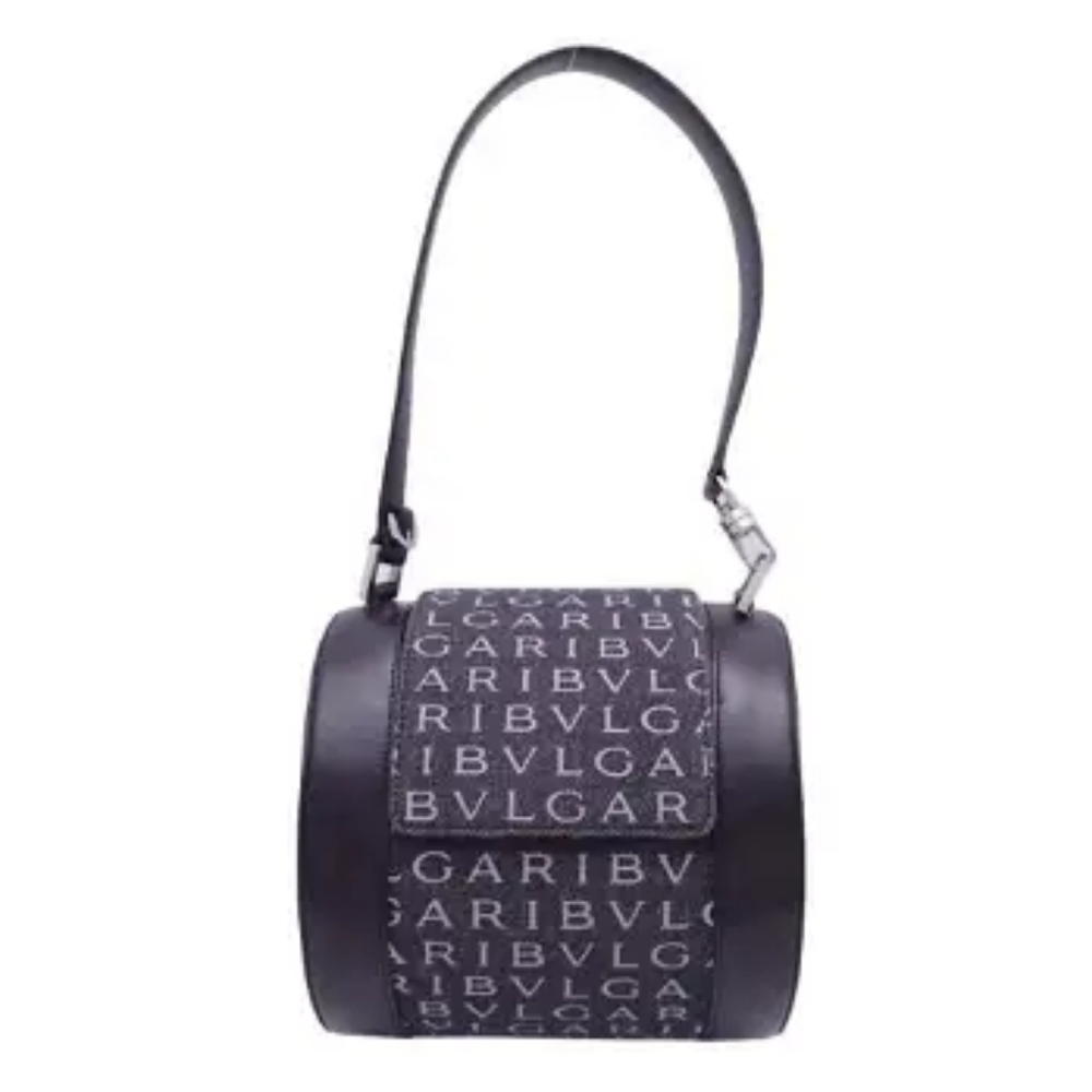 Bvlgari BVLGARI Shoulder Bag Logomania Gray x Black Canvas Leather Women's